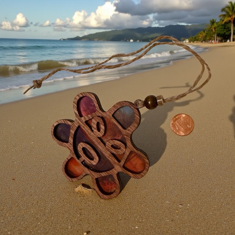 Handcrafted Wooden Pendant with Purple and Brown Accents
